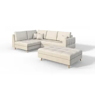 s-style möbel Ecksofa und Fußhocker mit Holzfüßen im skandinavischen Stil Marco aus Ecru Luxusmicrofaser Ottomane links - B/T/H:231 cm/161 cm - Beige