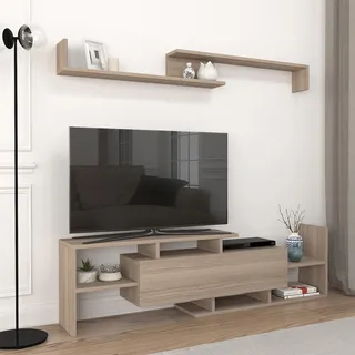 Fernsehschrank 'Liksefte' mit Wandregal TV Lowboard 154 x 28 x 42 cm mit Stauraum Eicheoptik - Beige