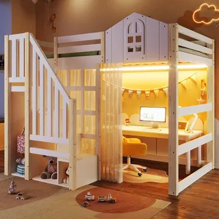Merax Etagenbett Hochbett 140x200 cm, Kinderbett, Schloss-Design mit LED, Gaze, Geländer, Lagertreppe, Jugendbett, Stockbett, Kiefern, Weiß+Natur - Weiß