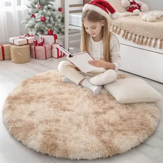 Homaxy Hochflor Tie Dye Klein Teppich Wohnzimmer 120 cm Rund, Beige | Rutschfest Waschbar Teppiche, Flauschig Modern Teppich fürs Kinderzimmer, Schlafzimmer