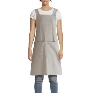 FBBULES Küchenschürze mit Tasche Baumwolle und Leinen Schürze Japanischer Stil Kreuz Bandage Kochen Backen Schürze Gärtnern für Damen Männer, Khaki