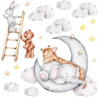 Wallfluent Wandaufkleber 130x177cm - Mond, Wolken, Sterne , Multicolor , Kunststoff , Rechteckig , 130x177x0.1 cm , Tapeten & Wandverkleidungen, Wandtattoos & Sticker, Wandtattoos