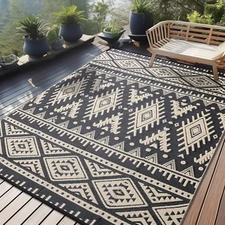Homaxy Outdoor Teppich Wetterfest, Kunststoff Stroh Faltbar Waschbar UV-beständig Wendbar Balkon Garten Teppich für Terrasse Camping Picknick (240 x 300 cm, Schwarz & Beige)