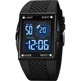TONSHEN Herren und Damen Uhren LED Elektronik Digitaluhr Outdoor Sportuhr Doppelte Zeit Countdown Alarm Stoppuhr Plastik Uhren mit Kautschuk Band (Schwarz 2)