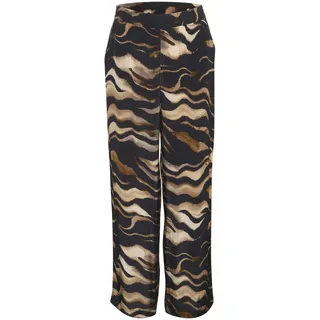 Kaffe Damen Women's Pants High-Waisted Elastic Waistband Wide Legs Printed Casual Fit Hose, Black/Brown Tiger Print,