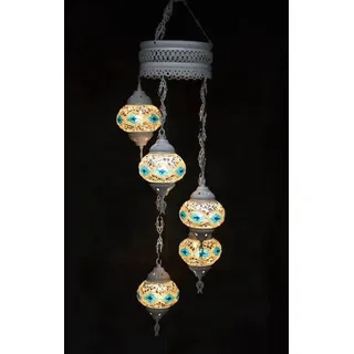 Hanglampe multicolor blau silber Glas Mosaik 5 Kugeln Türkisch Orientalisch Cremeweiß Marokkanische Deckenleuchte - Blau, Silber, Weiß, Bunt