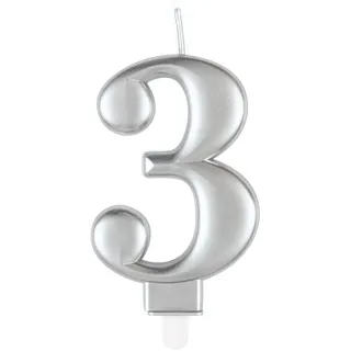 Unique 19593 - Nummer 3 Geburtstagskerze – 8 cm – Metallische Silberfarbe – 1 Stück (1 Packung)