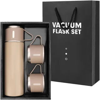 Belle Vous Beige Thermosflasche aus Edelstahl mit Deckel und 2 Becher - 500ml Doppelwandige Thermoskanne mit Becher - auslaufsichere Thermos Flasche für heiße und kalte Getränke