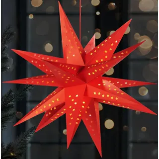 BRUBAKER 3D Weihnachtsstern für Innen - 60 cm XXL Leuchtstern - Weihnachten | Batteriebetrieben mit Timer - LED Stern Hängend - Adventsstern für Fensterdeko und Weihnachtsdeko - Papierstern - Rot