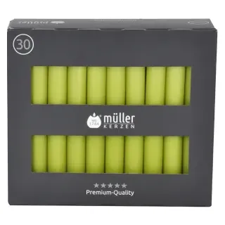 Müller Kerzen Tafelkerzen, maigrün, Elegante Tafelkerzen im praktischen Vorratspack, 1 Packung = 30 Stück, (Ø x H): 20 x 175 mm