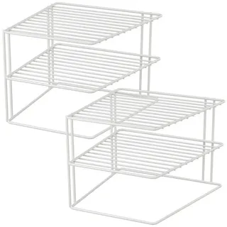 Quantio WELLGRO 2er Set Schrankeinsatz Weiß – Tellerregal mit 2 Etagen aus Metall, Küchenregal Einsatz für Schrank & Vorrat – Platzsparender Küchenorganizer, stapelbar, 25×25×20 cm