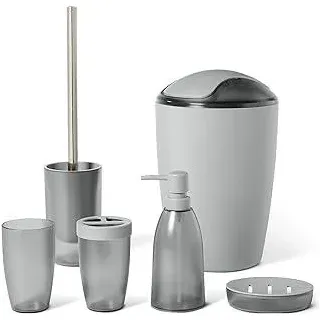 Badezimmerzubehör-Set mit Zahnbürstenhalter, Seifenspender, Seifenschale, Becher, Mülleimer, Toilettenbürste & Halter, Grau