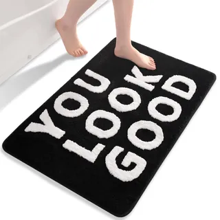 QJHOMO Schwarz und Weiss Badezimmerteppich Groß Badematte rutschfest Waschbar Badteppich niedlich Badezimmer Deko Flauschig Badvorleger Weiche Mikrofaser Absorbierende Bad Teppich 55 x 81 cm