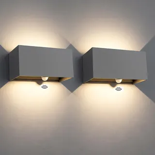 Kingwen Außenlampe mit Bewegungsmelder,20W,1000lm,3000K,IP65,2er Set | LED Außenwandleuchte,Grau,Aluminium,0–120° Lichtkegel,Dämmerungssensor;für Hauswand,Eingang,Terrasse und Wege