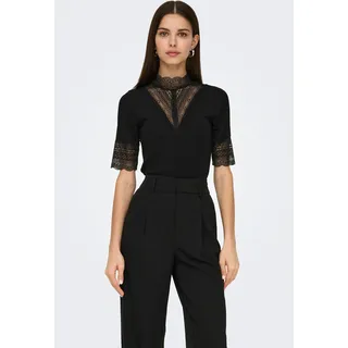 Spitzenshirt ONLY "ONLTILDE HIGHNECK S/S TOP JRS NOOS", Damen, Gr. XL, schwarz, Jersey, Obermaterial: 95% Viskose, 5% Elasthan, unifarben, slim fit normal, hoch geschlossener Ausschnitt, Shirts Spitzenshirt