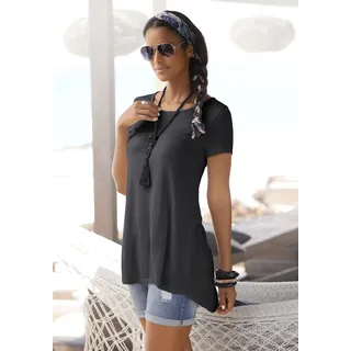 T-Shirt LASCANA, Damen, Gr. 36/38, schwarz, Jersey, Obermaterial: 100% Viskose, figurumspielend Po-bedeckend, Rundhals, Shirts T-Shirt, mit verlängertem Rückenteil, Kurzarmshirt, Longshirt, Basic, Topseller