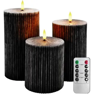 AnnSpa 3 Set Schwarz LED Kerzen Vertikale Streifen Batteriebetriebene mit Fernbedienung,Flammenlose Echtes Wachs Flackern Moving Wick Flackern Amber Yellow Light Pillar Candles,Unscented Wachs