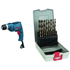 Bosch Professional Bohrmaschine GBM 6 RE (15 mm Bohr-Ø Holz, 6,5 mm Bohr-Ø Stahl, Schnellspannbohrfutter 10 mm, im Karton) + 19tlg. Metallbohrer-Set HSS-Cobalt ProBox (für Edelstahl, Zubehör)