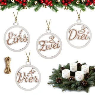 Joxessaien Adventskranz Zahlen 1-4 Holzanhänger Ø 5cm – Adventszahlen Set für Kerzen & Kerzenhalter, Advent Deko Weihnachten, Zahlenschilder Holz Rund, Weihnachtsanhänger Adventsgesteck