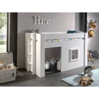 Vipack Hochbett »Noah, ein tolles Budenbett mit hoher Standfestigkeit, weiß lackiert« B/H/Tca.214x120x96cm, Leiter rechts/links möglich, Absturzschutz oben, inkl. Rolllattenrost, wahlweise mit und ohne Textilvorhang, weiß