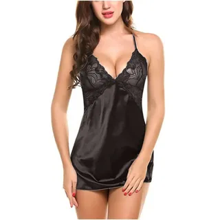 Unterkleid Damen Satin Nachthemd Kurz Sexy Babydoll V Ausschnitt Spitze Kleid Nachtkleid Schlafkleid Dessous Negligee Nachtwäsche Damen Sommer Mit G-String Sleepwear