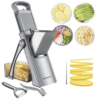 SupMakin Gemüseschneider, Once for All Verstellbar Gemüsehobel Genius Mandoline Vegetable Slicer Kartoffelschneider Zwiebelschneider (Dunkelgrau)