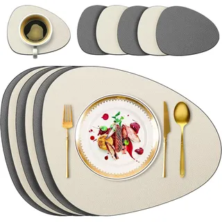 6er Set Tischsets Abwaschbare mit Untersetzern, Doppelseitige Platzdeckchen Lederoptik wasserdichte Platzsets für Esstisch, Küche, Restaurant & Zuhause (Beige&Grau)