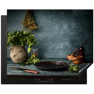 MuchoWow Herdabdeckplatte Kräuter - Gewürze - Pfanne - Messer - Grau - Rustikal 65x52 cm , Petrol , Kunststoff , Rechteckig , 65x52x0.2 cm , Made in Europe , Küchen, Küchenelektrogeräte, Herde, Herdabdeckplatten