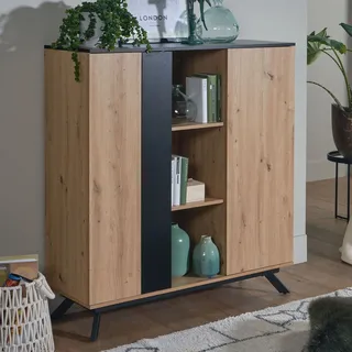 WOHNLING Highboard 110x125x40 cm MDF Sideboard in Eiche-Nachbildung / Schwarz Kommode mit 2 Türen Kommodenschrank mit Regal Flurschrank Modern Standschrank - Braun