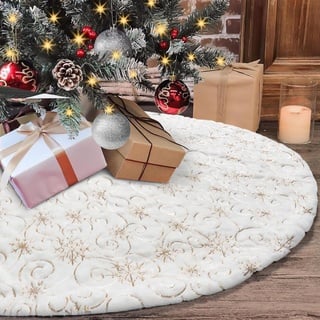 Dremisland Große Weihnachtsbaum Rock 90cm Weiß & Golden Plüsch Weihnachtsbaumdecke Pailletten Schneeflocken Christbaumständer Rund Christbaumdecke Rock Matte für Zuhause Feier Weihnachtsbaum Deko