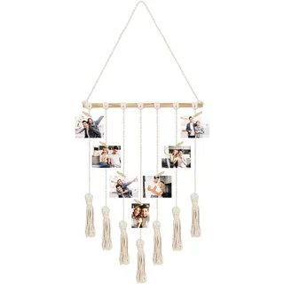 BELLE VOUS Makramee Organizer Foto Collage Wand mit 25 Holzklammern - 40 x 92 cm - Hält 25 Bilder - Für Bilder Collagen, Dekorationen, Drucke, Kunstwerke und Fotos Aufhängen