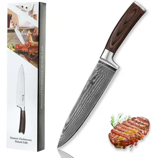 Wakoli EDIB Kochmesser aus echtem Damaststahl (VG10 Kern) mit 20 cm Klinge – Scharf & ausbalanciert – Damastmesser mit Pakkaholzgriff in Geschenkbox – Damast Küchenmesser für Profi- & Hobbyköche