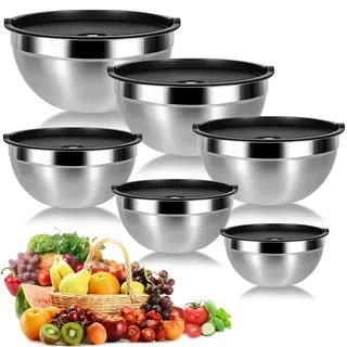 Cinnani Edelstahl Schüssel Set 6-teilig, Edelstahlschüssel Edelstahl Rührschüssel, Salatschüssel,Küchenschüssel mit Deckeln, Multifunktional schüsseln,Stapelbar