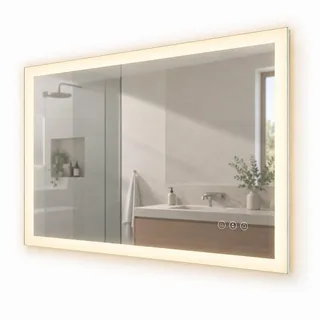 Relaxdays Badspiegel, 60 x 80 cm, LED-Spiegel, Steckdose, Anti-Beschlag, IP44, eckiger Badezimmerspiegel, Glas | Transparent