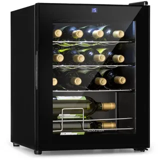 Klarstein Weinkühlschrank, 1 Zonen Getränkekühlschrank Klein, Kleiner Weinschrank 42L, Wein-Kühlschrank Klein mit Glastür, Indoor/Outdoor Flaschenkühlschrank, Wine Fridge 5-18°C, 16 Flaschen - Schwarz
