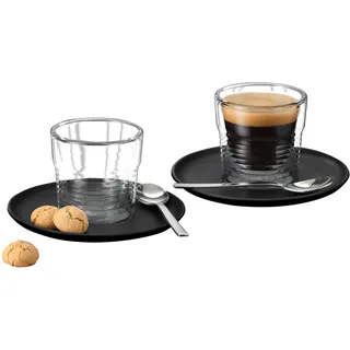 K-FEE doppelwandige Thermogläser, 2x 75 ml Espresso-Gläser mit 2 Untertassen und 2 Teelöffeln, Tassen, Kaffeeglas, Espresso, aus Borosilikatglas, spülmaschinengeeignet