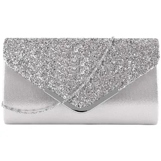 MEGAUK Damen Clutch Glitzer Elegant Abendtasche Glänzend Handtasche Envelope Tasche Strass Unterarmtasche mit Kette für Hochzeit Wedding Prom Party (Mode Silber)