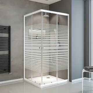 Schulte Sunny Eck-Duschkabine mit Schiebetüren rechts 90 x 180 cm Weiß Sicherheitsglas, Motivglas