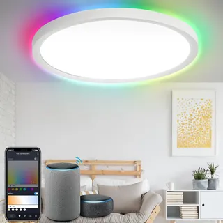Clanmacy 24W Deckenleuchte LED Musik bluetooth Lautsprecher APP Deckenlampe RGB Farbwechselnde Deckenlampe  Mit Fernbedienung - Weiß