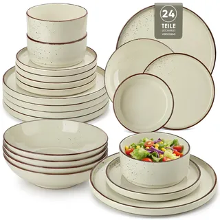 Geschirrset 6 Personen, vancasso NAVIA 24-tlg Hochwertiges Steingut Geschirr set, Tafelservice Beige, Geschirrsets mit Speiseteller, Salatteller, Schüsseln und Suppenteller