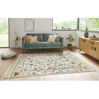 Nouristan Naveh Orient Teppich – Wohnzimmerteppich Orientalisch Kurzflor mit Fransen Vintage Orientalischer Samt-Teppich für Esszimmer, Wohnzimmer, Schlafzimmer – Creme, 95x140cm