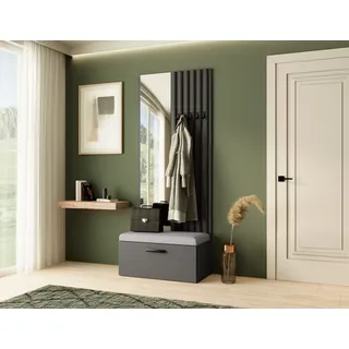 Garderobe MARGARET II, Farbe: Graphit + Schwarze Lamellen + Grau, mit Spiegel - Grau, Schwarz