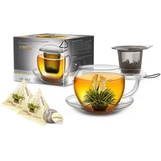 Creano XXL Teetasse mit Henkel Jumbo mit integriertem Edelstahlsieb, Deckel und Untersetzer im Set mit 2 ErblühTeelini, 450ml