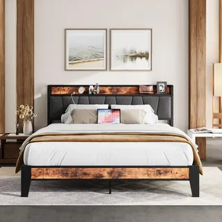 IRONCK Bett 160x200 mit Metal Lattenrost, Bettgestell 160x200cm mit Steckdosen, USB-Anschlüsse & Typ-C-Anschlüsse, Metallbett 160x200 mit Gepolstertem Kopfteil & Stauraum, Jugendbett, Doppelbett