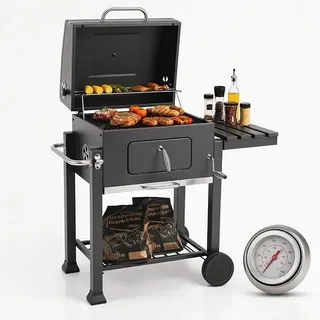 Holzkohlegrill mit Deckel, Thermometer, 2 Räder, Emaille & Verchromtes Grillrost, Aschekasten Holzkohle, Höhenverstellbar Grillwagen, 124x56x140cm, BBQ Smoker für Garten, Camping, Grau - Grau
