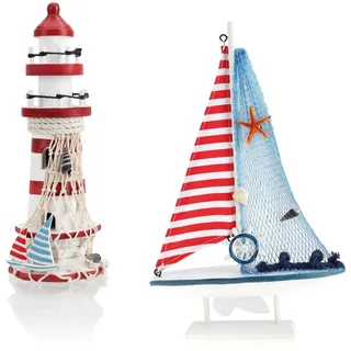 com-four® 2-teiliges maritimes Deko-Set - Dekoratives Holz-Segelschiff 27 cm und Leuchtturm 23 cm für EIN maritimes Ambiente in Ihrem Zuhause (2 Stück Leuchtturm/Segelboot - blau/rot)
