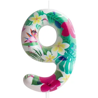 Kerze zum 9. Geburtstag, Flamingo, Zahl 9, Kerze, Flamingo, Kuchendekoration, Geburtstagsparty-Zubehör, weiße tropische hawaiianische Blumen, Thema, für Babyparty, Kinder, Jungen, Mädchen,