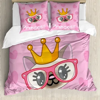 ABAKUHAUS Feminin Bettbezug, Glückliche Prinzessin Cat, Milbensicher Allergiker geeignet mit Kissenbezügen, 200 cm x 200 cm - 80 x 80 cm, Gelb und Rosa - Gelb