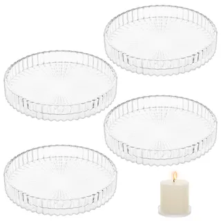 Zourglow 4 Stück Kerzenteller Glas, 9 cm Transparent Kerzen Untersetzer Rund Glas,Vintage Relief Design, Kerzen Teller für Hochzeit Party Dekoration Tischdekoration