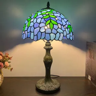 BOTOWI Glyzinienlampe Tiffany Tischlampe mit Legierungssockel Blau Lila Blume Grün Blatt Lampe 12" breite Nachttischlampen Vintage Schreibtischleuchte für Zuhause Kaffee Wohnen Büro Studie,Blau